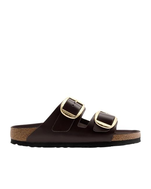 Birkenstock Brown Arizona Big Buckle Glossed Leather Sliders