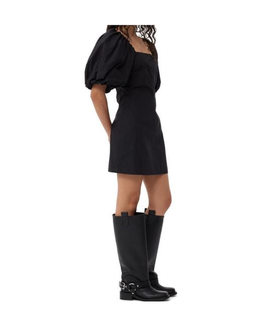 Ganni Black Poplin Puff-Sleeved Mini Dress