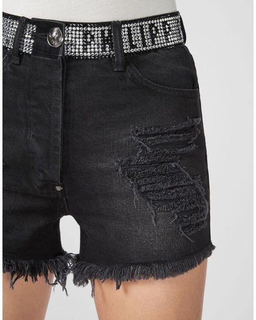 Philipp Plein Black And Logo Details Denim Shorts