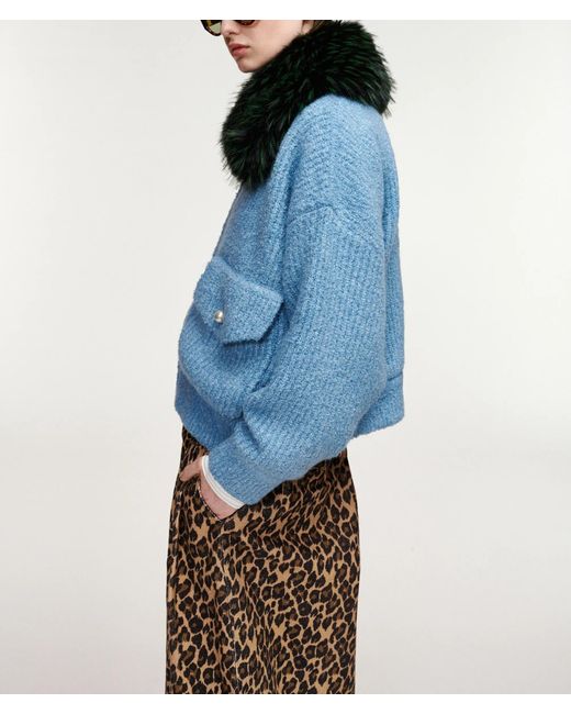 Essentiel Antwerp Blue Faux-Fur Collar Ribbed-Knit Jacket