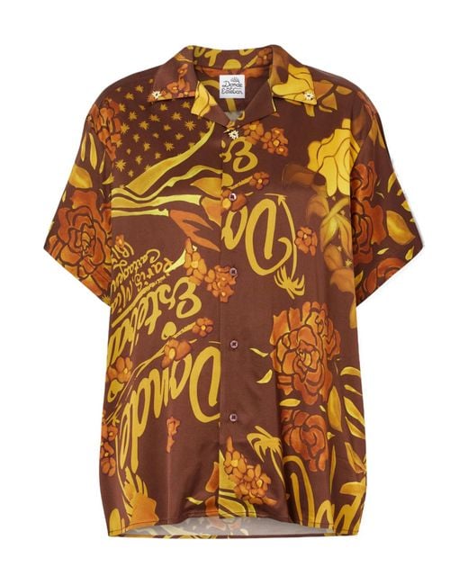 Donde Esteban Orange Printed Stretch-Satin Shirt