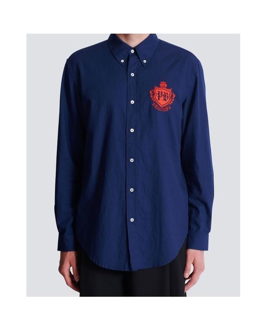 Balmain Blue Apos;S Oxford Cotton College Emblem Button-Down Shirt for men