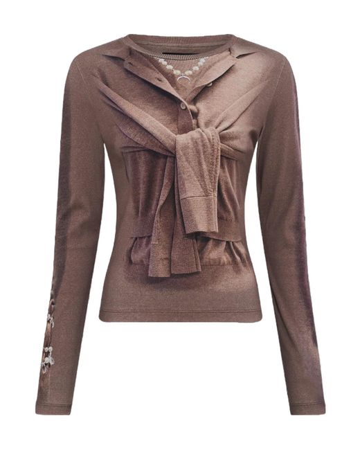 MARINE SERRE Brown Tie Detailed Knit Sweater