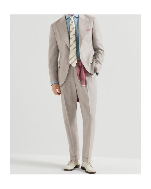 Brunello Cucinelli Gray Cashmere And Silk Chevron Trousers With Double Pleats And Waist Tabs for men