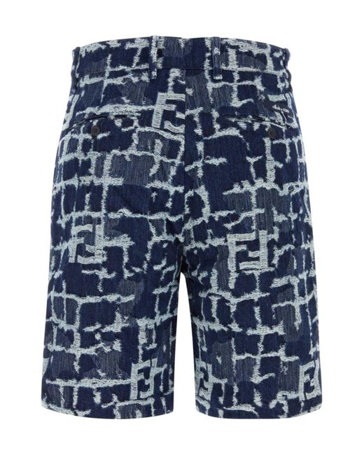 Fendi Blue Ff Frayed Jacquard Denim Shorts for men
