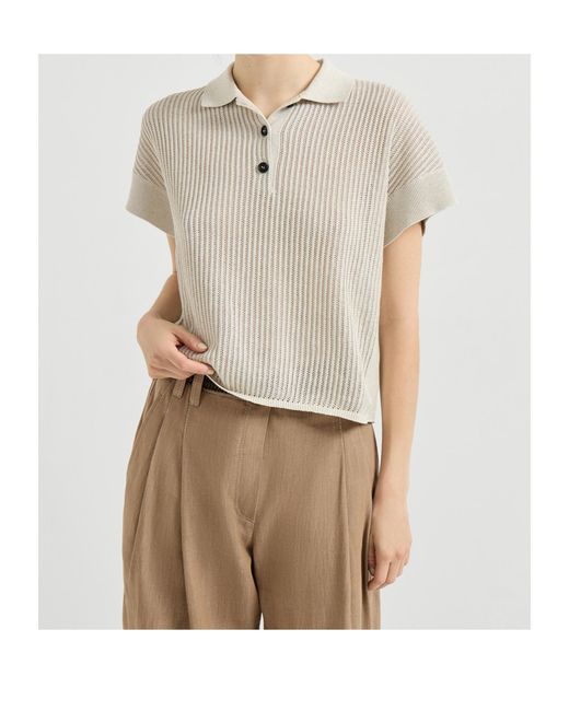 Brunello Cucinelli White Ribbed Polo Top