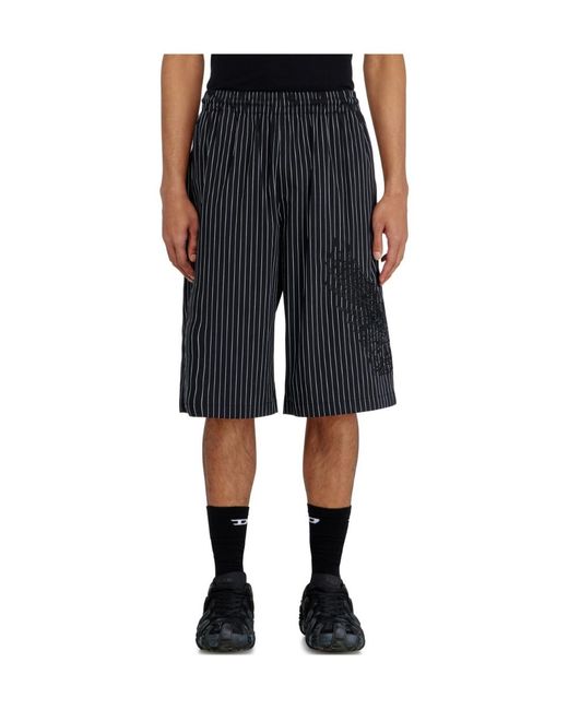 DIESEL Black Pinstriped Phoenix-Embroidered Shorts for men