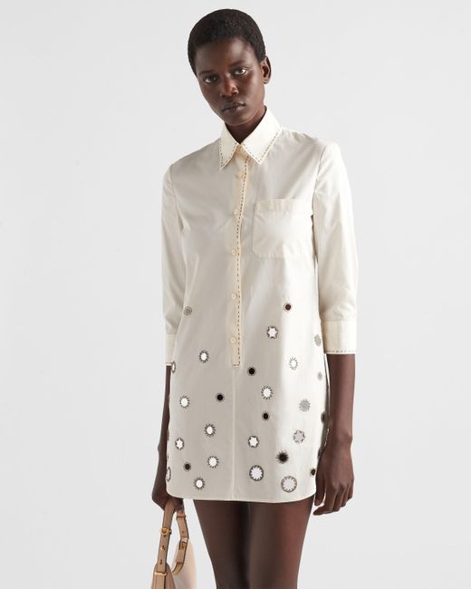 Prada White Appliqué-Detailed Button-Up Shirtdress
