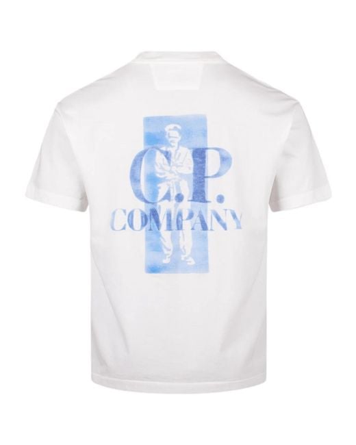 C P Company White Logo Printed Crewneck T-Shirt for men