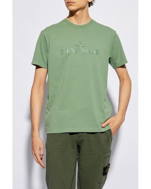 Stone Island Green Logo Printed Crewneck T-Shirt for men