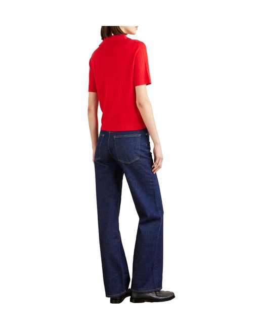 Allude Red Pointelle-Knit Wool Polo Top