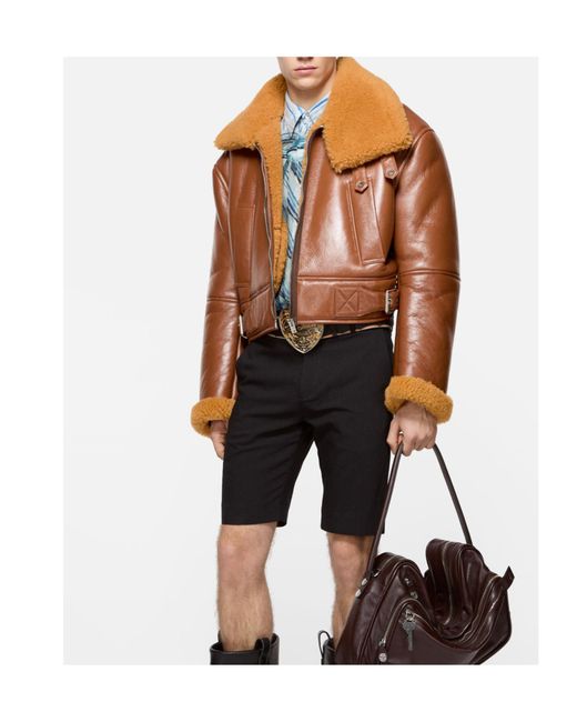 Acne Brown Shearling-Collar Leather Jacket for men