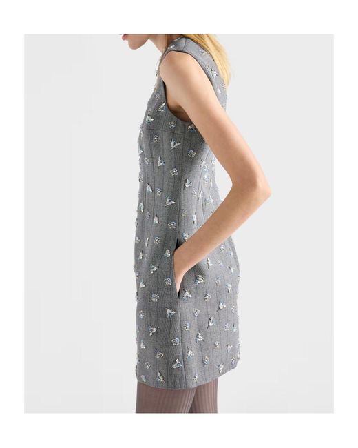 Prada Gray Embroidered Pinstripe Mini-Dress