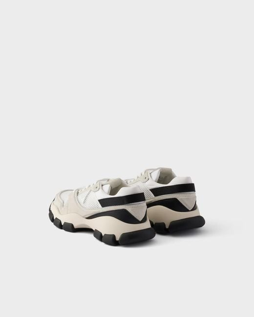 Prada White Mesh Fabric And Suede Sneakers