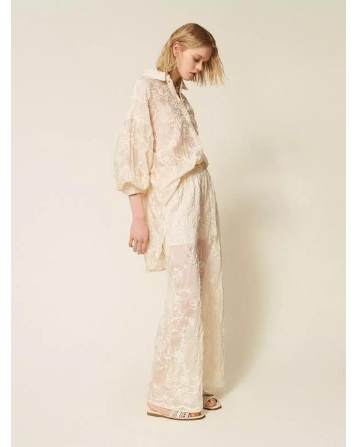 Twinset White Embroidery Palazzo Pants
