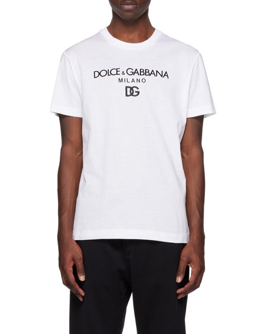 Dolce & Gabbana White Logo Embroidered Crewneck T-Shirt for men