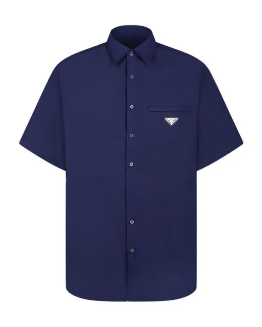 Prada Blue Triangle Enamel Logo Buttoned Shirt for men