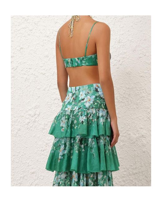 Zimmermann Green Everley Bow Floral-Pattern Linen Bralette