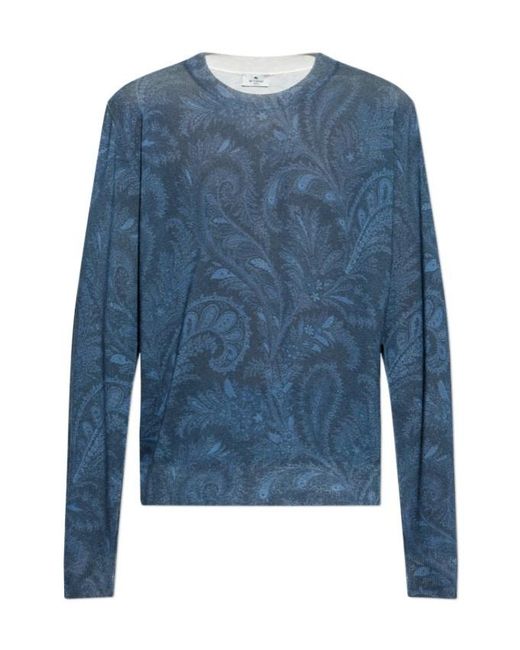 Etro Blue Patterned Crewneck Knitted Jumper for men