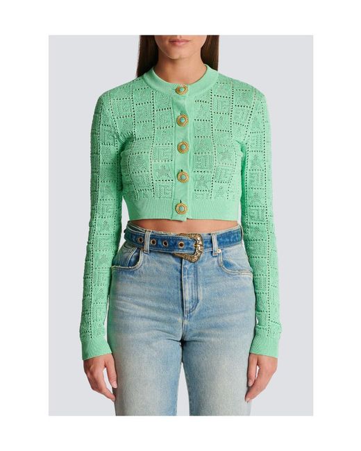 Balmain Green Buttonned Monogram Mesh Knit Cardigan
