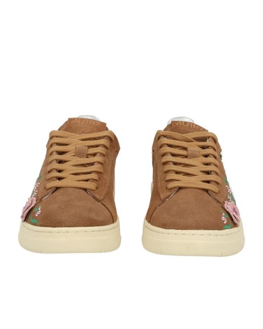 Autry Brown Floral-Embroidered Dallas Lace-Up Sneakers