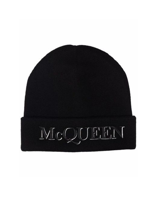 McQueen Black Logo Embroidered Beanie for men