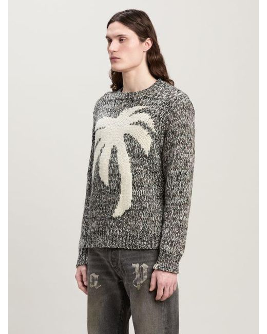 Palm Angels Gray Palm Intarsia Crewneck Knitted Jumper for men