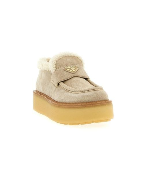 Prada Natural Triangle-Logo Round-Toe Loafers