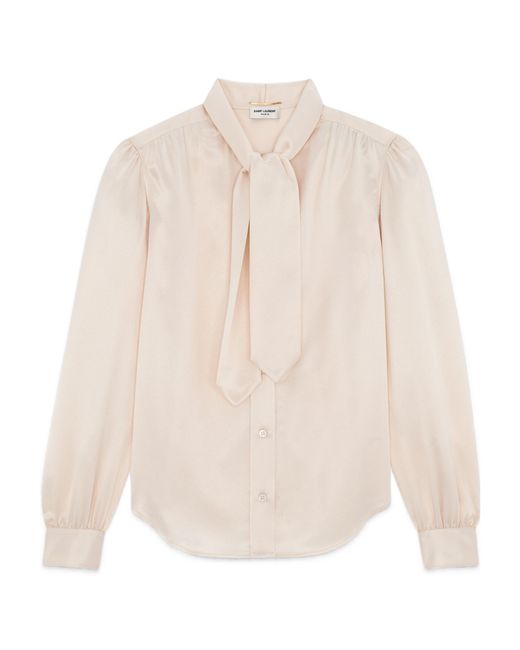 Saint Laurent White Lavallière-Neck Long-Sleeved Blouse