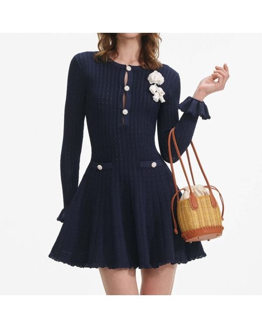 Self-Portrait Blue Knit Crochet Flower Mini Dress