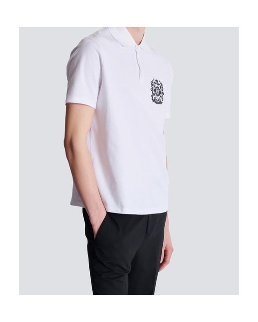 Balmain White Cotton Crest Print Polo Shirt for men
