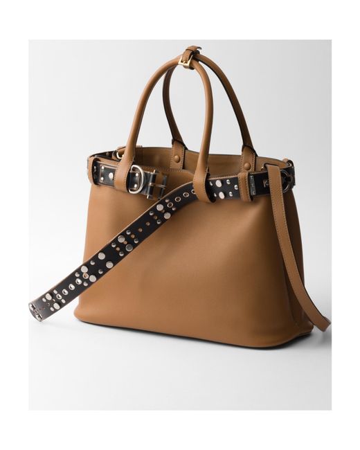 Prada Brown Buckle Large Leather Bag With Studded Belt