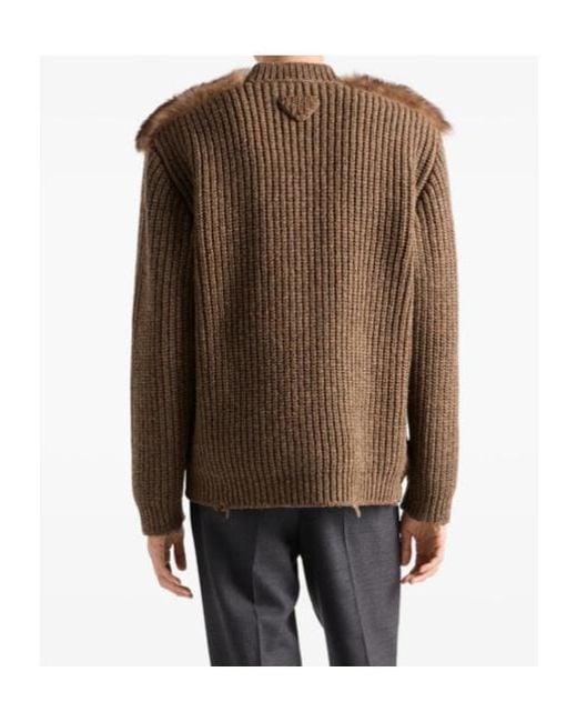 Prada Brown Wool And Shearling Cardigan for men