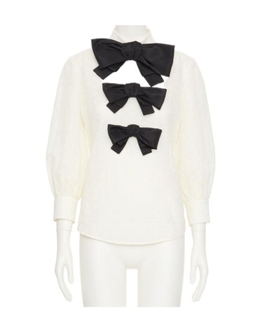 Valentino White Daisy Bow Long-Sleeved Blouse