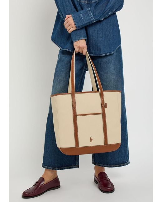 Polo Ralph Lauren Natural Medium Leather-Trimmed Canvas Tote Bag