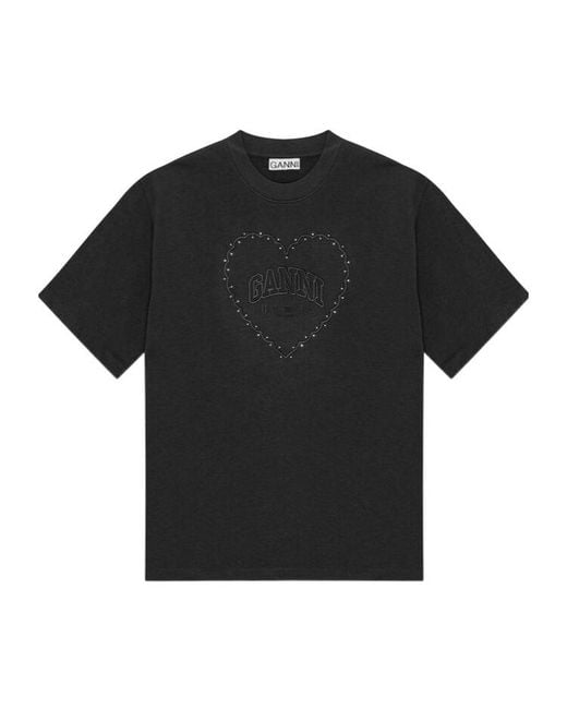 Ganni Black Drop Shoulder Heart T-Shirt
