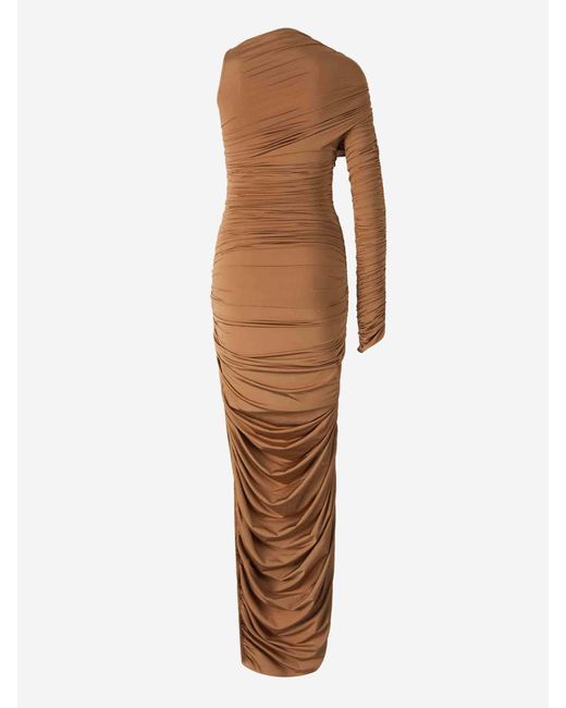 Mugler Asymmetric Ruched Maxi Dress in Brown