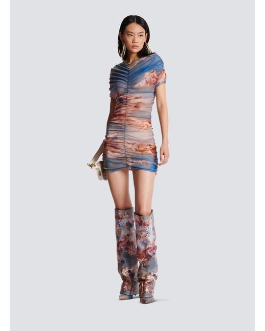 Balmain Blue Sky Printed Gathered Tulle Dress