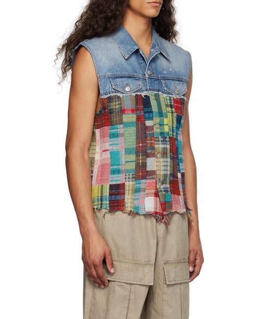 Acne Blue Denim Plaid Spliced Vest for men