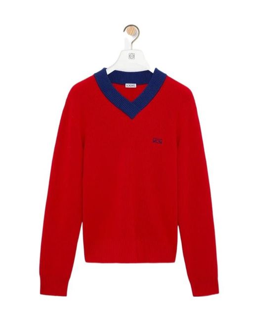 Loewe Red V-Neck Logo Knitted Sweater