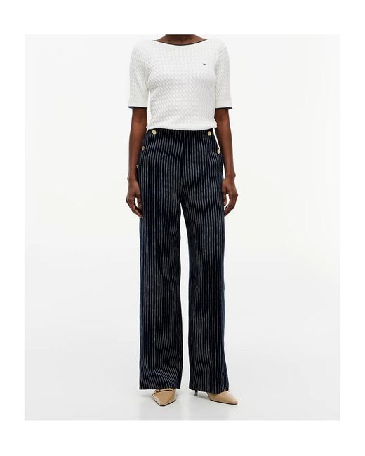 Tommy Hilfiger Blue Pinstripe-Tone Button Wide Leg Trousers With Linen