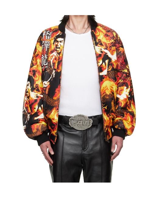 Lu'u Dan Orange Bruce Lee X Collaboration Printed Bomber Leather Jacket for men