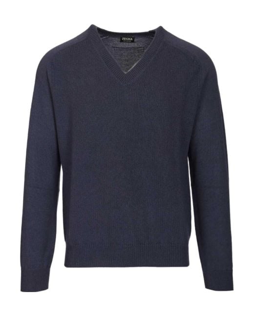 Zegna Blue Oasi Long-Sleeved V-Neck Jumper for men