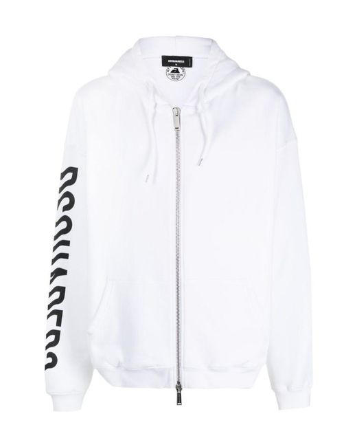 DSquared² White Logo Print Zip-Up Hoodie for men