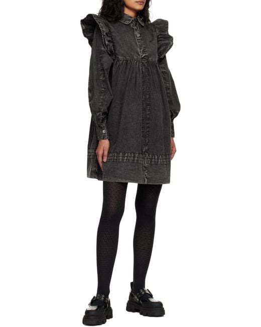 Ganni Black Ruffled Washed Mini Shirt Dress