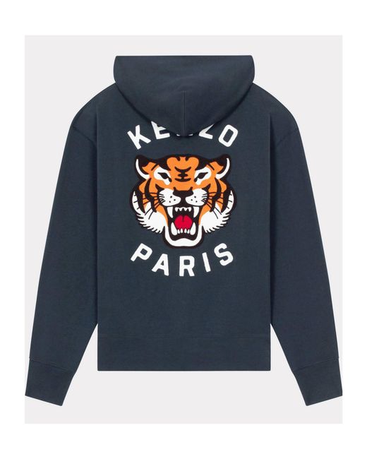 KENZO Blue Lucky Tiger Genderless Embroidered Oversized Hoodie for men