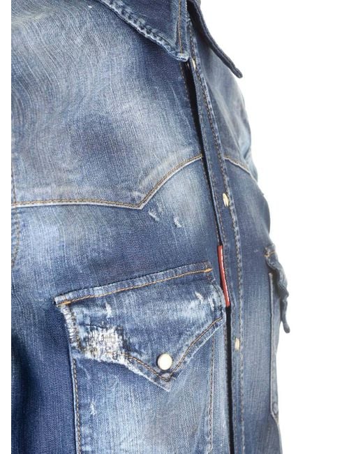DSquared² Blue Paint-Splatter Denim Shirt for men