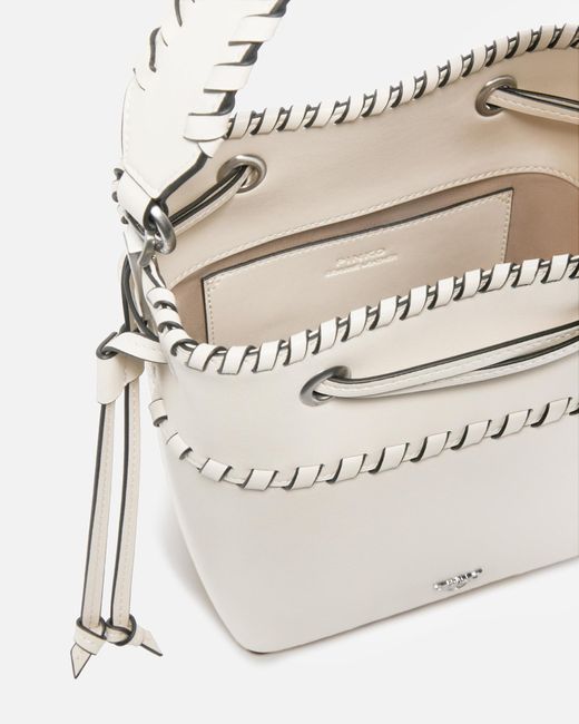 Pinko White Small Leather Bucket Bag With Threaded Detailing