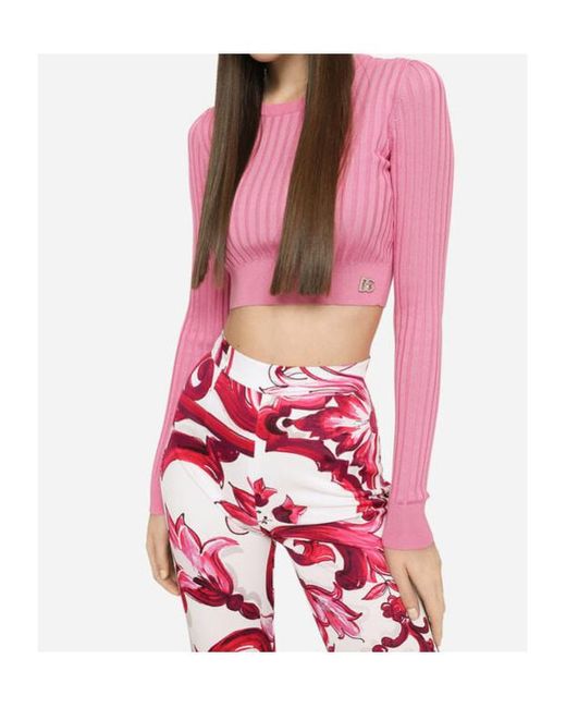 Dolce & Gabbana Pink Logo Plaque Cropped Ribbed Sweater