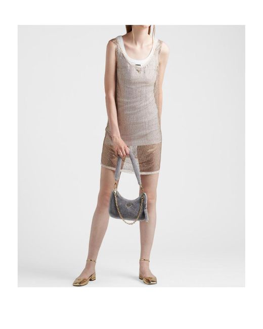 Prada Gray Logo Plaque Zipped Shoulder Bag